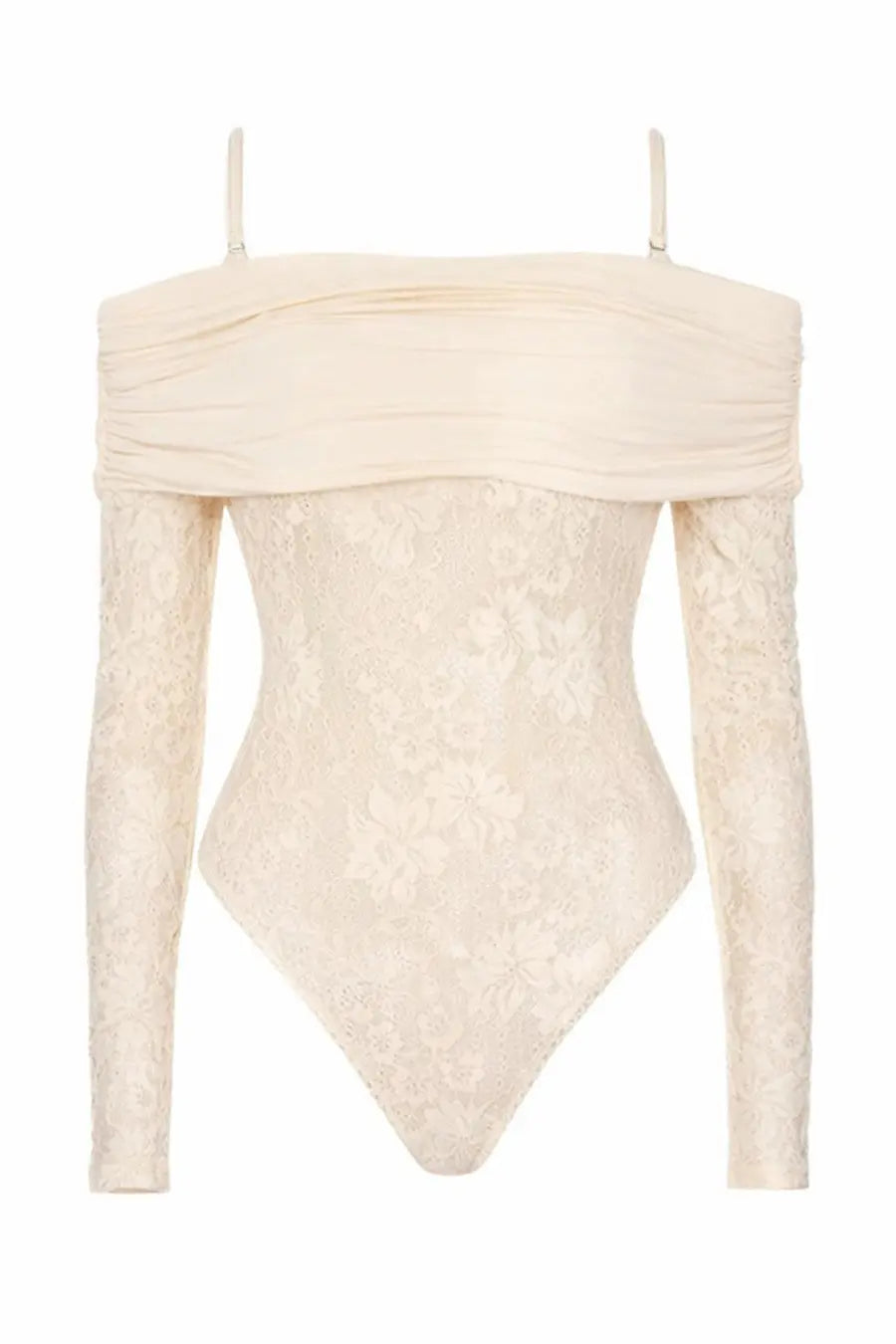 Zimmermann women’s cream-colored lace bodysuit with off-the-shoulder ruched detailing and long sleeves