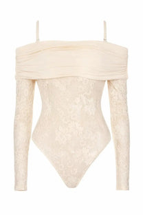 Zimmermann women’s cream-colored lace bodysuit with off-the-shoulder ruched detailing and long sleeves