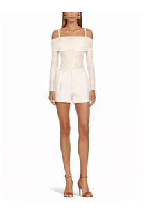 Zimmermann women’s lace bodysuit rebellion white off-the-shoulder romper with long lace sleeves and corseted bodice