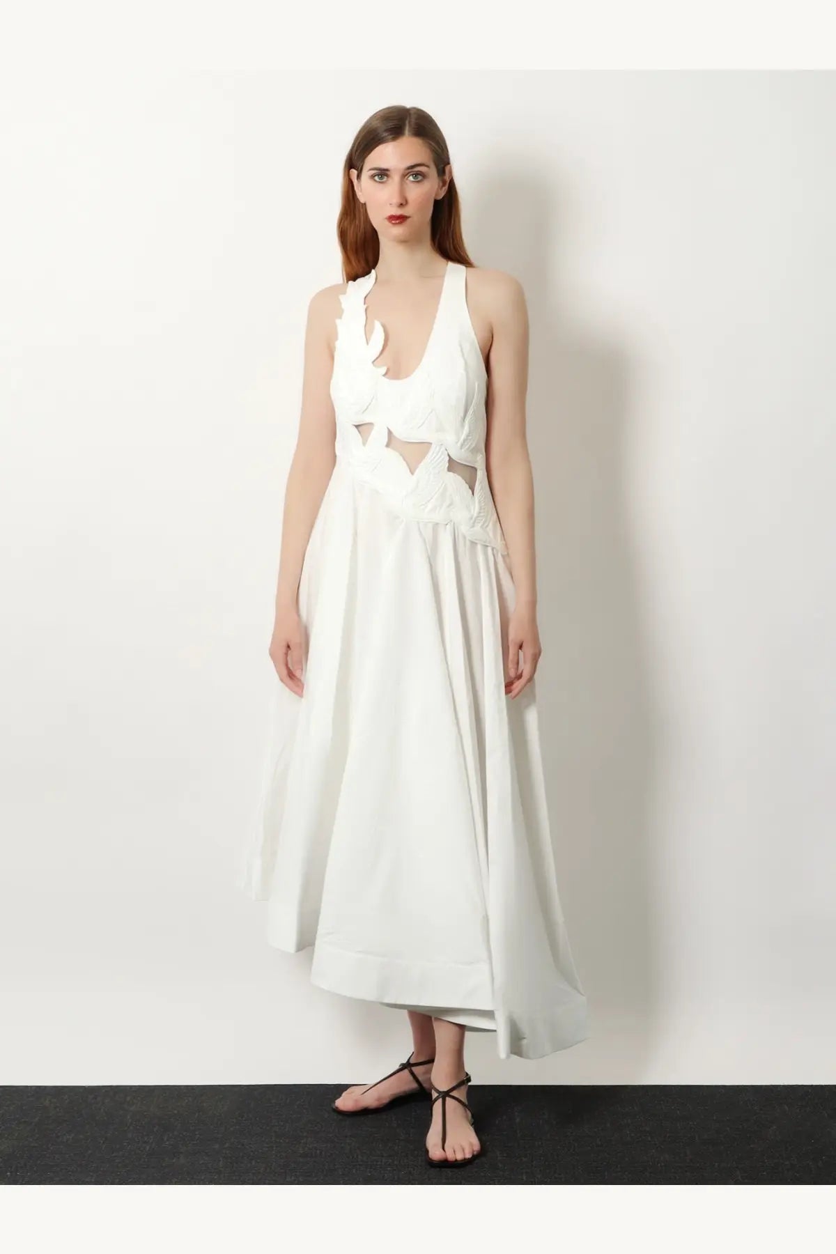 Zimmermann women’s luna applique white cotton maxi dress with flowing halter neck and layered ruffled bodice