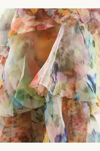 Zimmermann women’s luna fanned maxi skirt gold featuring a layered translucent dress with pastel floral print