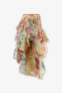 Zimmermann women’s luna fanned maxi skirt in gold sheer fabric with multi-layered pastel floral watercolor pattern