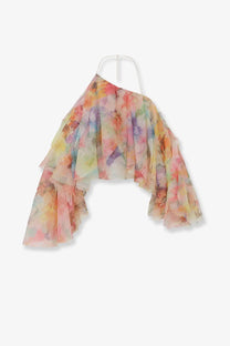 Zimmermann women’s luna fanned gold pastel floral ruffled crop top with one-shoulder sheer lightweight fabric