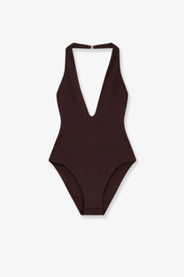 Zimmermann women’s luna halter bodysuit brown dark brown one-piece swimsuit with halter neckline and deep v cut back shown from back