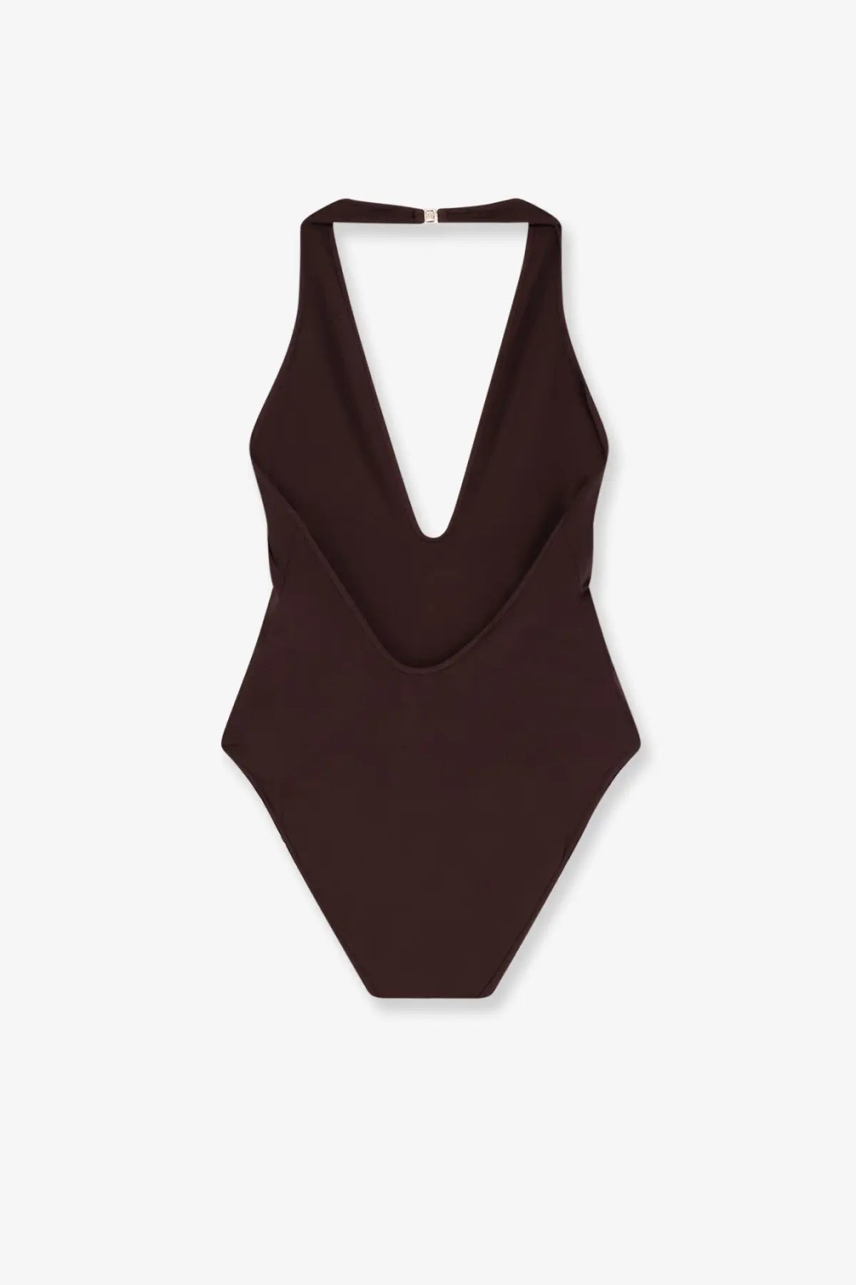 Zimmermann women’s luna halter bodysuit brown sleek dark brown one-piece swimsuit with deep v-neckline and halter straps