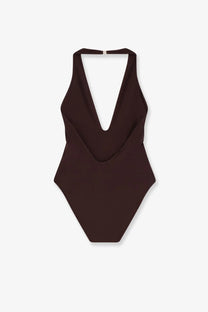 Zimmermann women’s luna halter bodysuit brown sleek dark brown one-piece swimsuit with deep v-neckline and halter straps