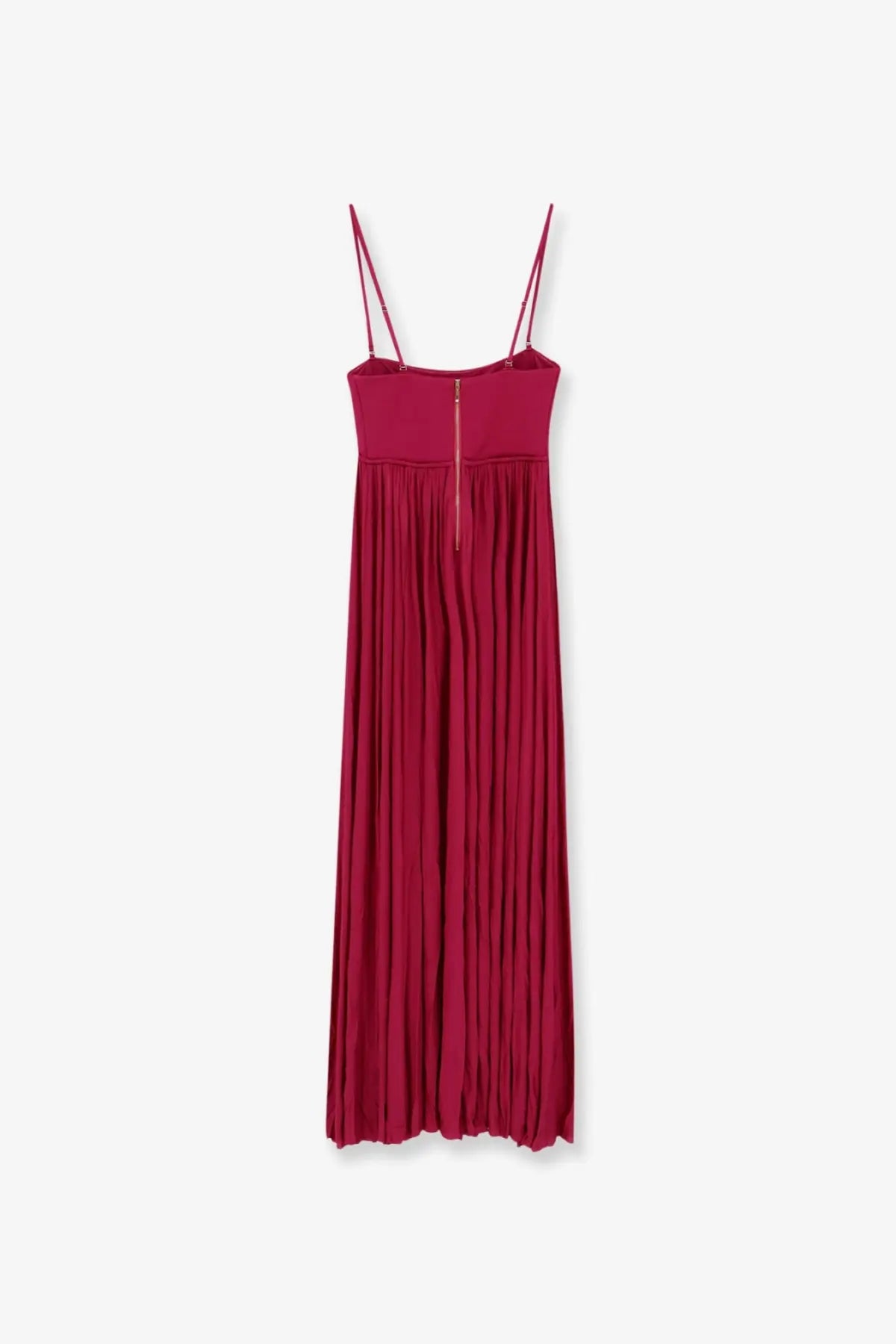 Zimmermann women’s luna jersey dress pink deep red pleated maxi with thin straps and front zipper closure