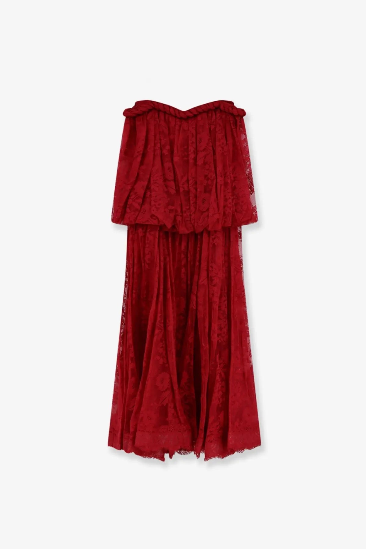 Zimmermann women’s luna lace dress fucsia is a deep red off the shoulder lace midi dress with ruffled bodice and flowing skirt
