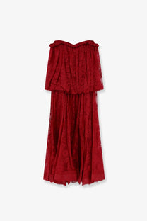 Zimmermann women’s luna lace dress fucsia is a deep red off the shoulder lace midi dress with ruffled bodice and flowing skirt