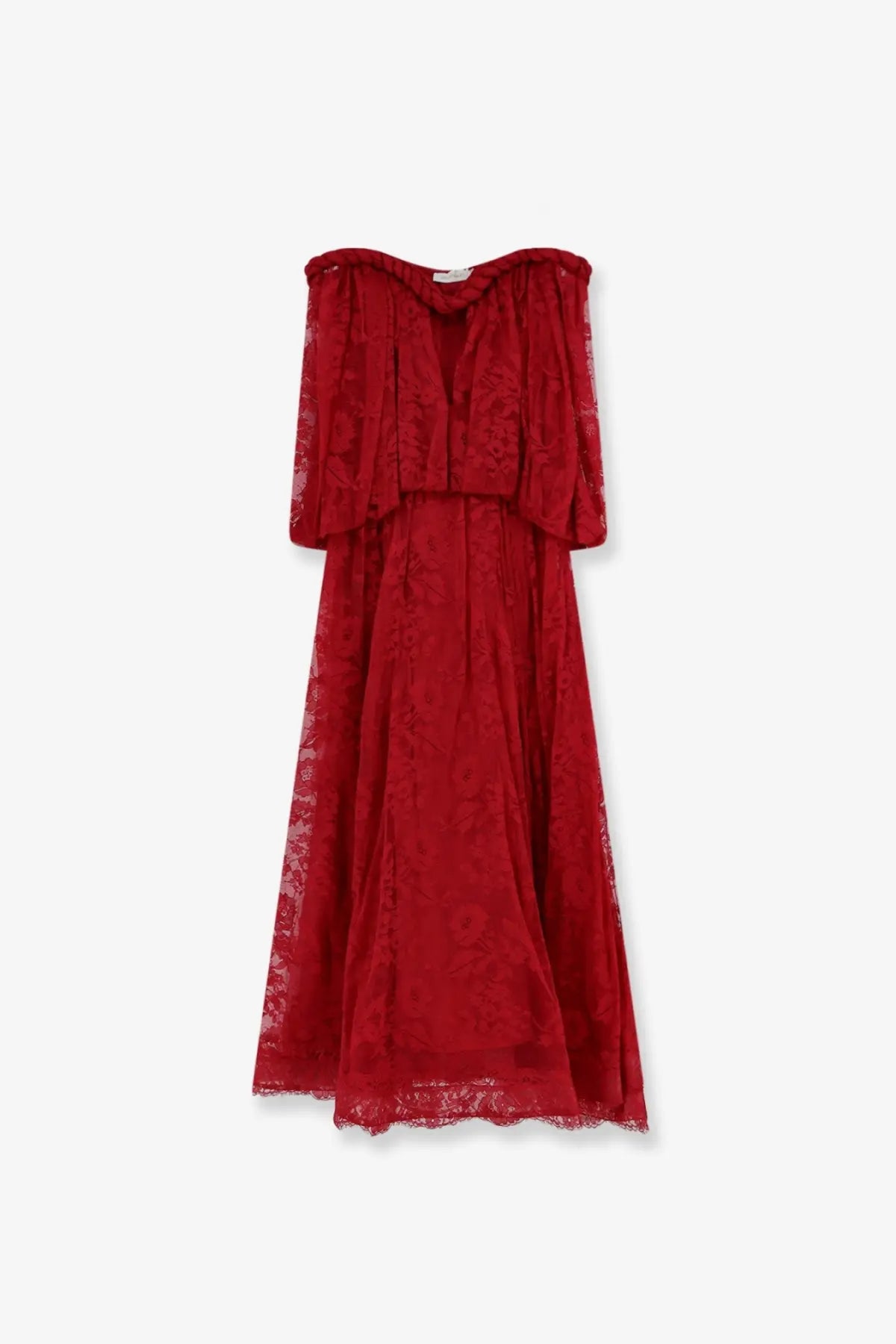 Zimmermann women’s luna lace dress fucsia flowing red lace midi dress with off-the-shoulder floral design