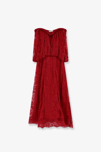 Zimmermann women’s luna lace dress fucsia flowing red lace midi dress with off-the-shoulder floral design