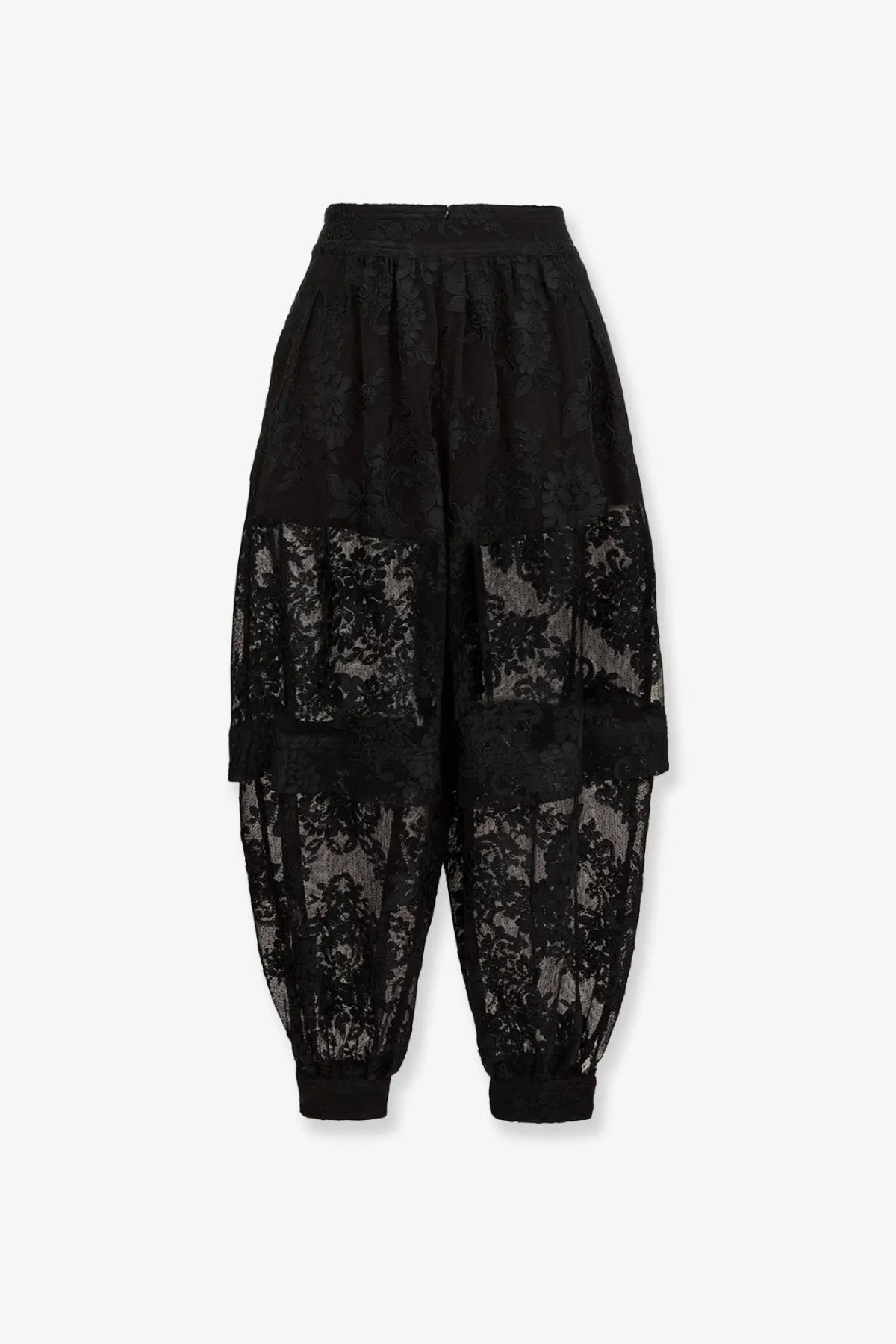 Zimmermann women’s luna lace harem pant black high waisted lace pants with sheer floral fabric and solid black ankles