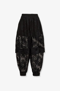 Zimmermann women’s luna lace harem pant black high waisted lace pants with sheer floral fabric and solid black ankles