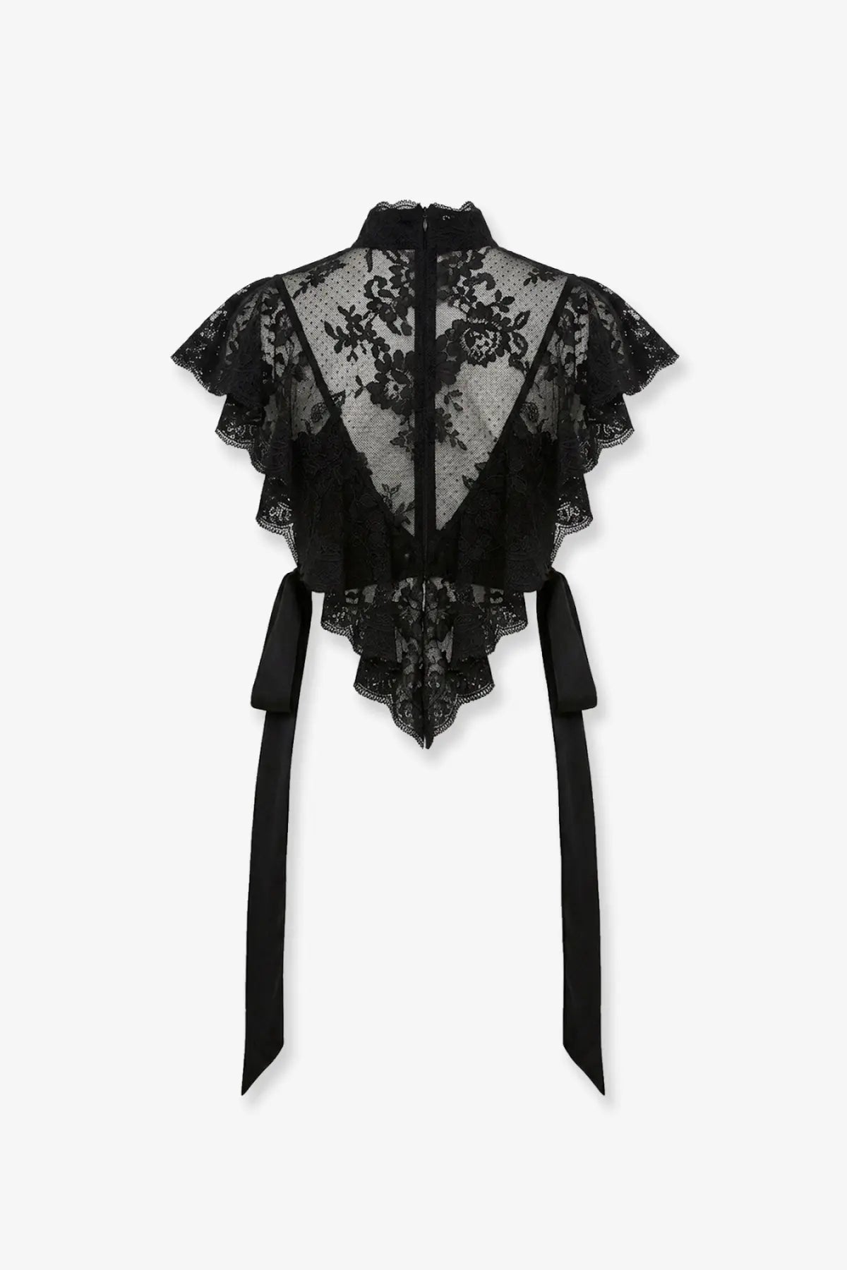 Zimmermann women’s luna lace top black with floral pattern ruffled short sleeves and back ties shown from the back