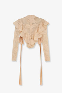 Beige Zimmermann women’s luna lace crop top with ruffled sleeves and matching tie straps in lightweight lace