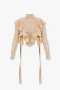 Beige Zimmermann women’s Luna lace top with ruffled sleeves and tied ribbon ties in delicate lace fabric