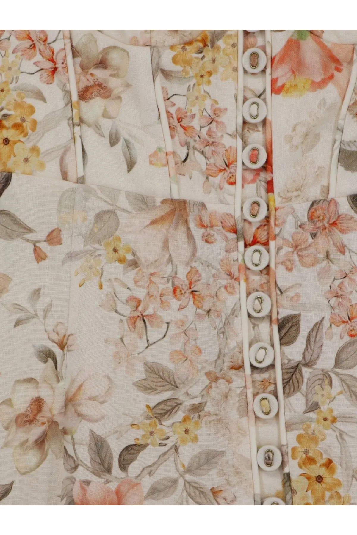 Zimmermann women’s luna linen midi dress white with delicate floral patterned blouse and matching circular buttons