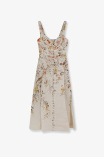 Zimmermann women’s luna linen midi dress white with off-white floral button-front design and thin straps featuring pastel blossoms and birds