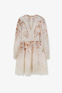 Zimmermann women’s luna linen and silk dress white with delicate ivory floral print long sleeves and lace trim details