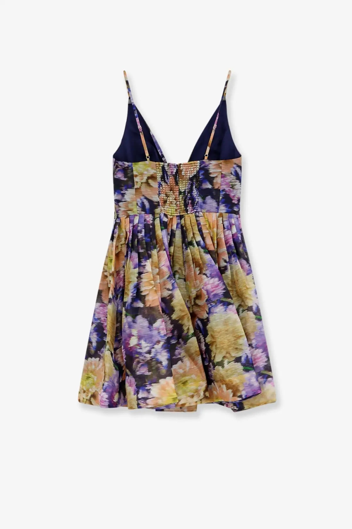 Zimmermann women’s luna silk and linen blend floral print mini dress with spaghetti straps and navy blue lining