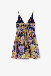 Zimmermann women’s luna silk and linen blend floral print mini dress with spaghetti straps and navy blue lining
