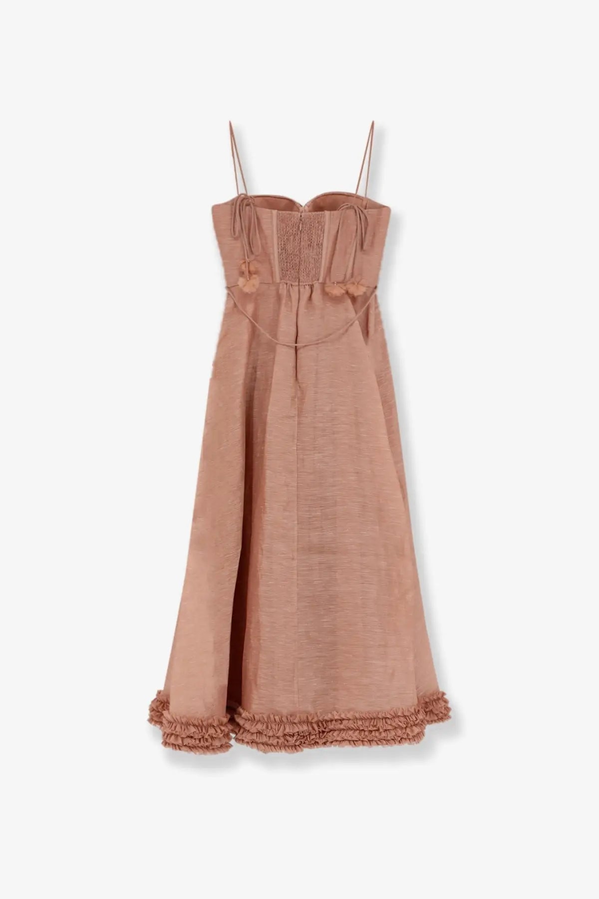 Zimmermann womens luna silk and linen blend dusty rose midi dress with smocked bodice and ruffled hem