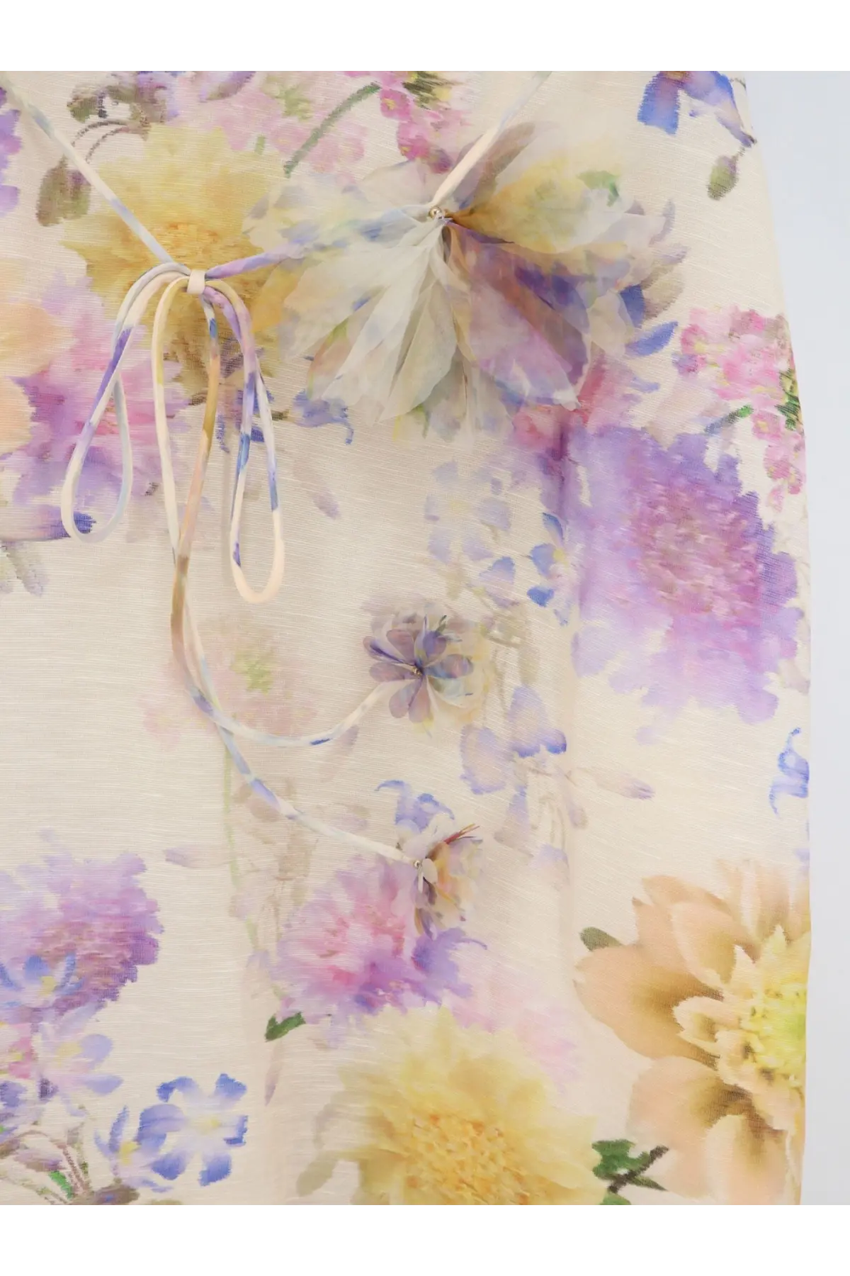 Zimmermann women’s luna silk and linen blend midi dress in white with sheer floral pastel watercolor print and thin tie straps
