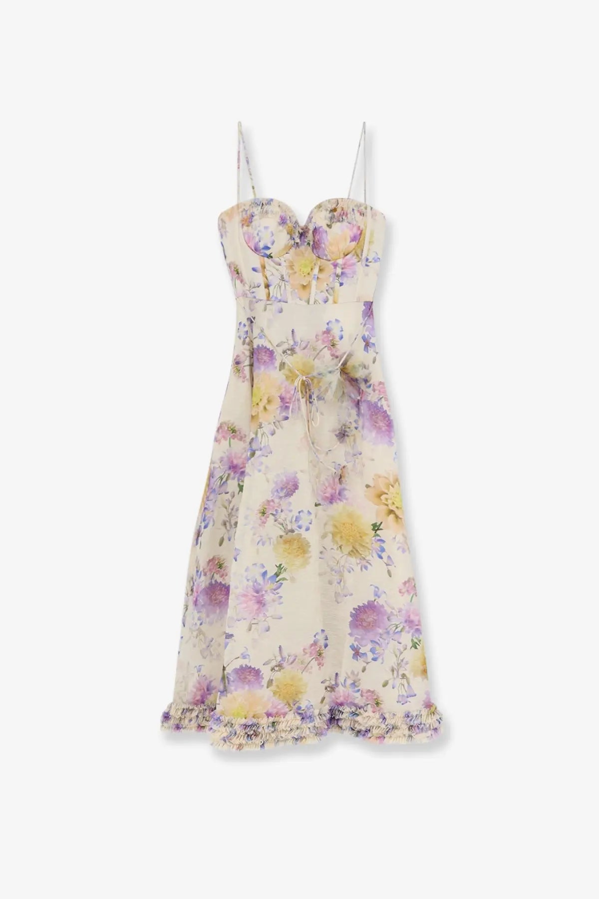 Zimmermann women’s luna silk and linen blend midi dress white with off-white floral print thin straps corset bodice and ruffled hem
