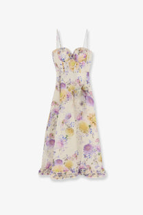 Zimmermann women’s luna silk and linen blend midi dress white with off-white floral print thin straps corset bodice and ruffled hem