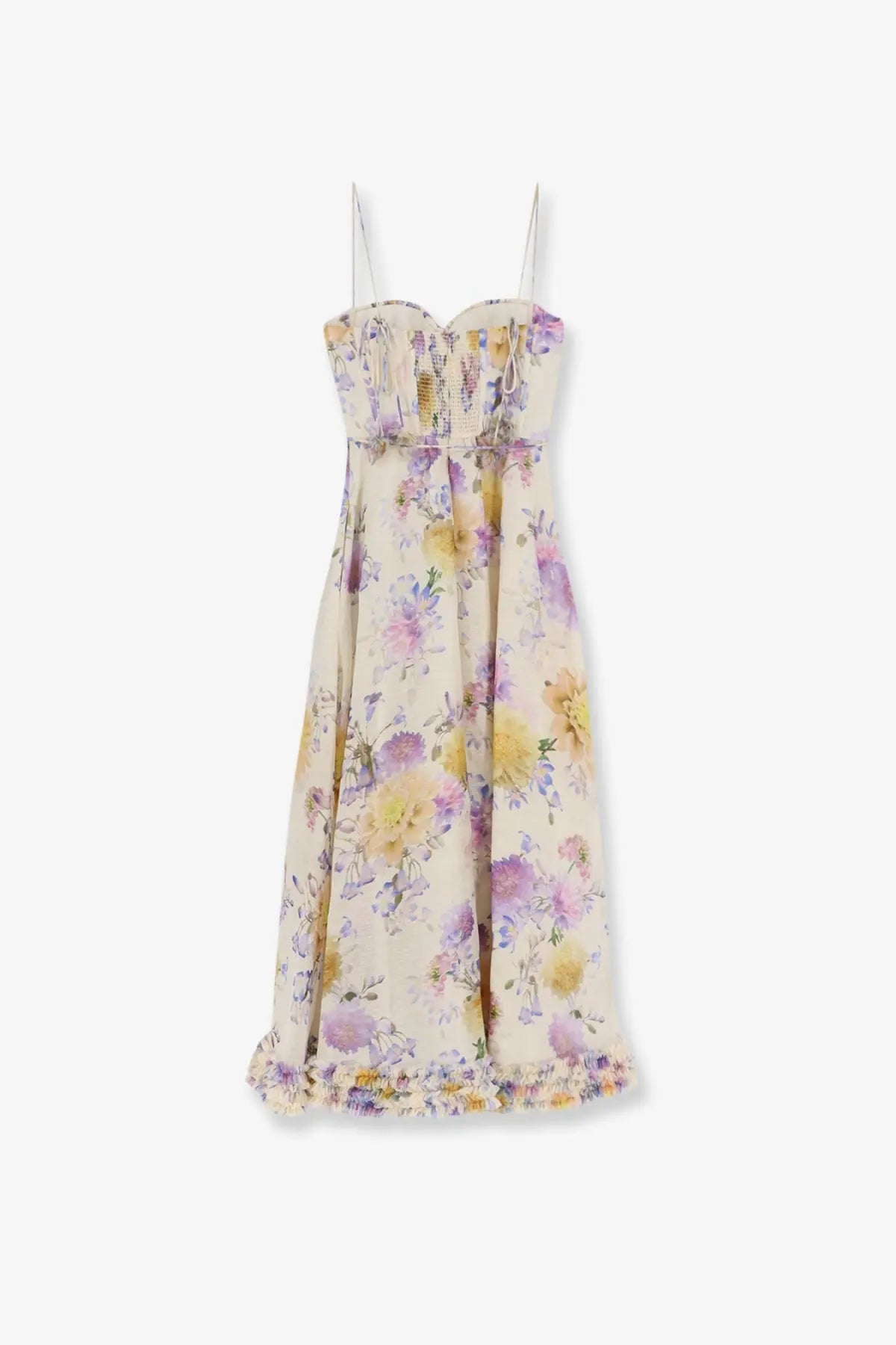Zimmermann women’s luna silk and linen blend off-white floral midi dress with thin spaghetti straps and ruffled hem