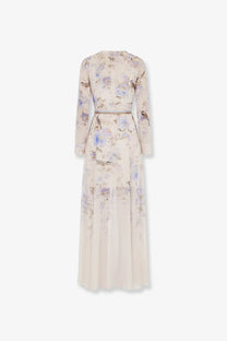 Zimmermann women’s luna viscose dress in cream with long sleeves featuring lavender blue florals and bird motifs