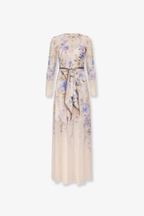 Zimmermann women’s luna viscose dress blue midi dress with long sleeves beige with lavender floral patterns and satin belt
