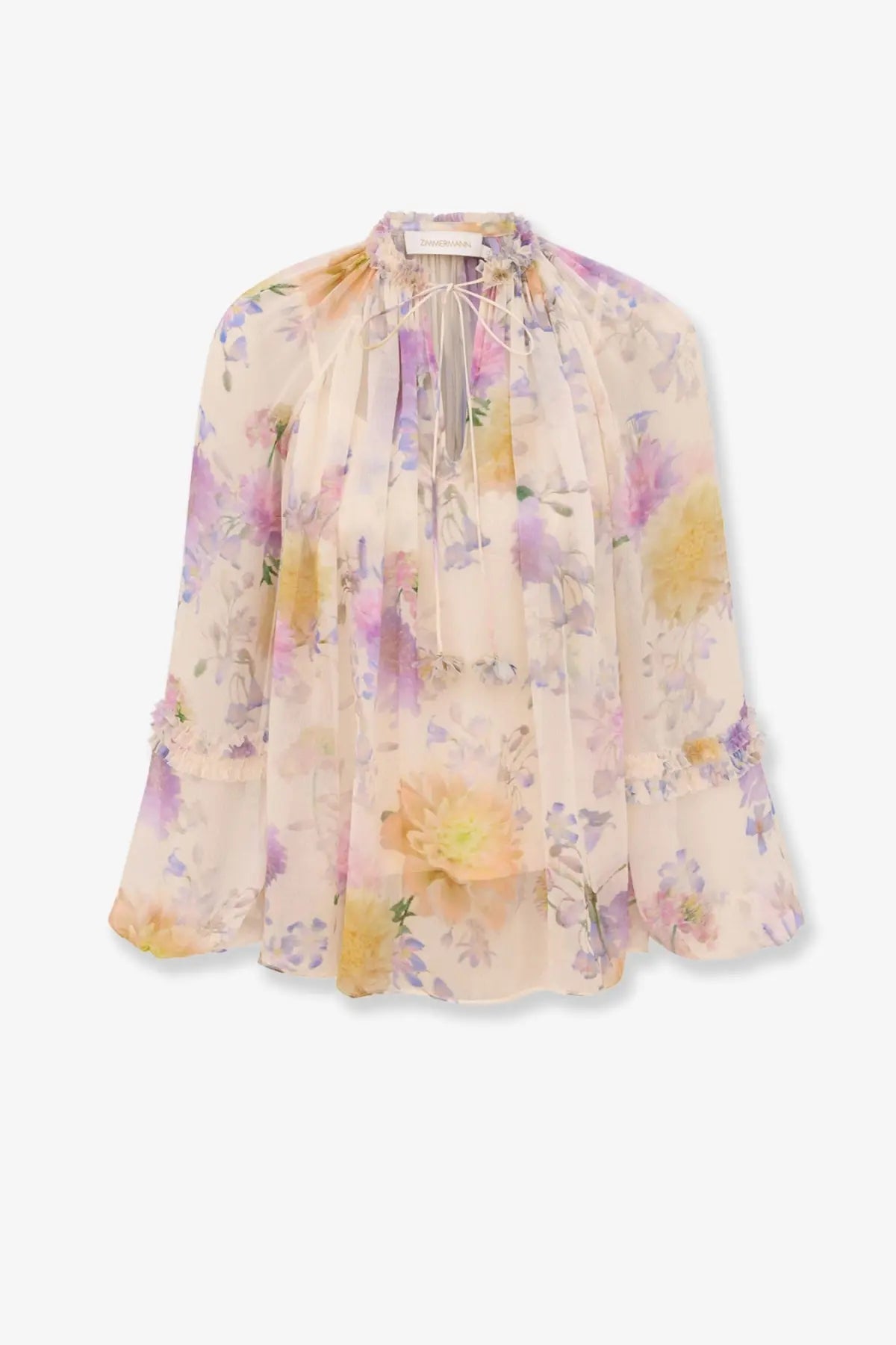 Zimmermann women’s luna viscose shirt white delicate sheer blouse with pastel floral pattern on ivory base