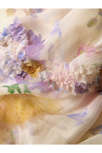 Zimmermann women’s luna viscose shirt white paired with a delicate sheer chiffon scarf with pastel floral print and ruffles