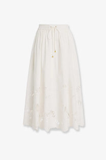 Zimmermann women’s mahon cotton skirt white flowing off-white midi skirt with floral cut-out detailing and drawstring waist