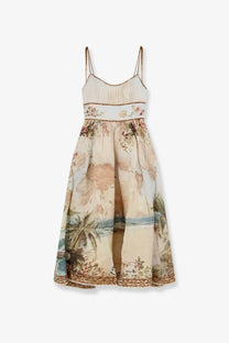 Beige linen sundress by zimmermann with world map and tropical beach print featuring spaghetti straps and brown trim