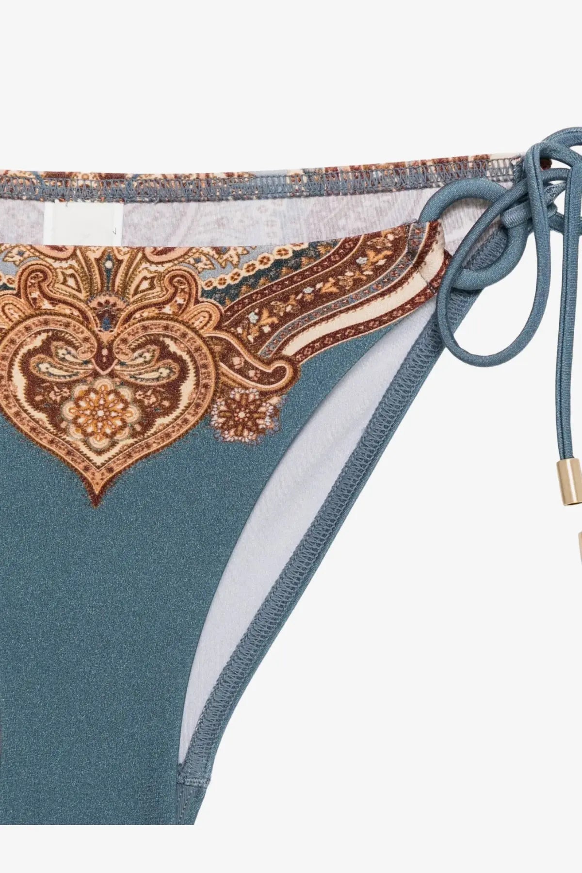 Zimmermann women’s mahon nylon bikini blue bottom in teal and white with detailed brown paisley pattern on front