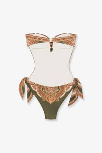 Zimmermann womens mahon nylon one-piece swimsuit in green with strapless corset bodice and brown paisley patterns