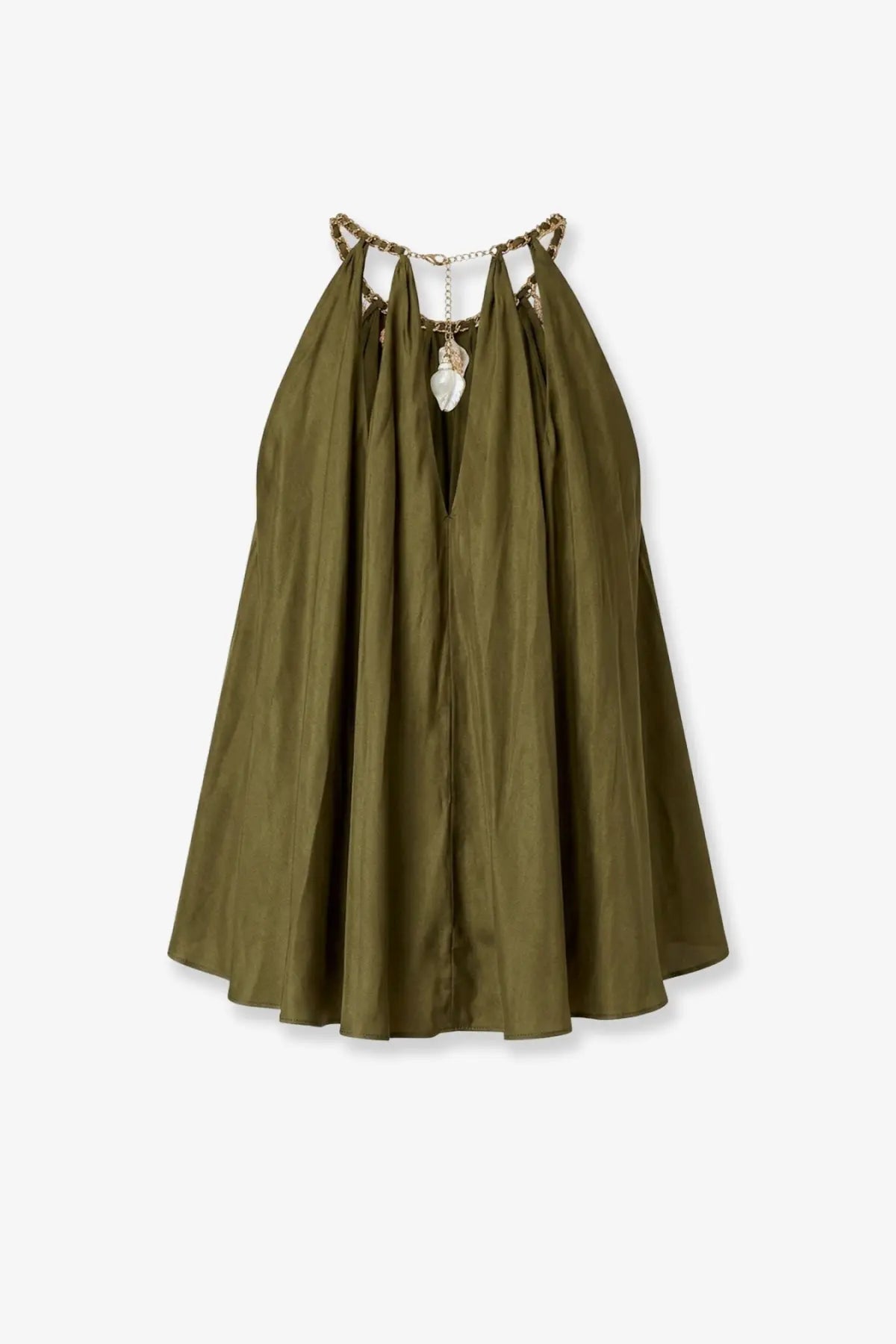 Zimmermann women’s mahon silk top green olive green satin halter dress with gold chain detailing and central pendant