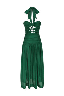 Zimmermann women’s midi dress green in emerald halter-neck style with ruched bodice lace-up front and flowing skirt