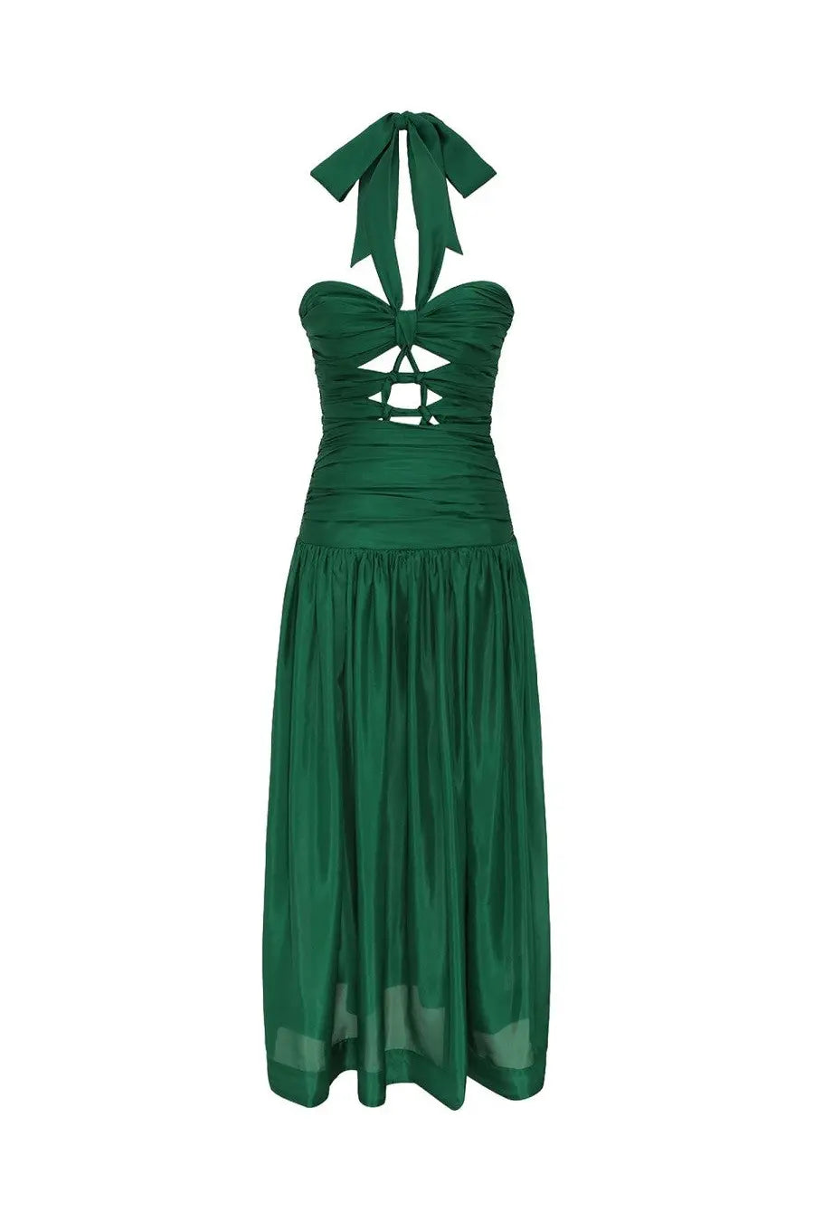 Zimmermann women’s emerald green halter neck maxi dress with ruched bodice lace up front and flowing skirt