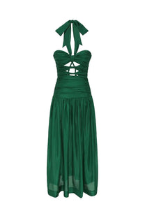 Zimmermann women’s emerald green halter neck maxi dress with ruched bodice lace up front and flowing skirt
