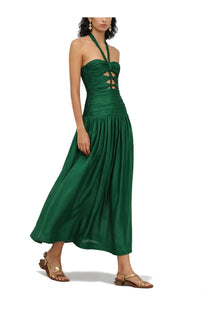 Zimmermann women’s midi dress in emerald green satin with ruched bodice and crisscross lace-up detail