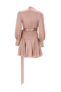 Zimmermann women’s mini abito portafoglio blue showing back with soft blush satin long puffed sleeves belted waist and flared skirt