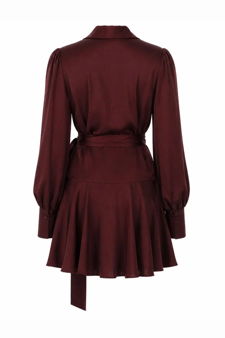 Zimmermann women’s mini abito portafoglio red rich burgundy satin dress with long puffed sleeves and cinched waist