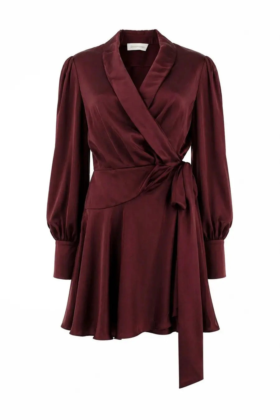 Zimmermann women’s mini abito portafoglio red burgundy satin wrap dress with long puffed sleeves and cinched waist bow