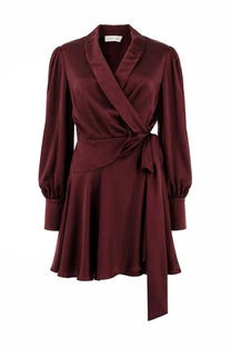 Zimmermann women’s mini abito portafoglio red burgundy satin wrap dress with long puffed sleeves and cinched waist bow