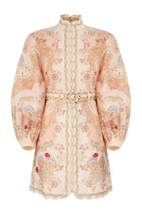 Zimmermann women’s mini dress daylight multicolor in blush pink with gold floral embroidery high collar and puffed sleeves