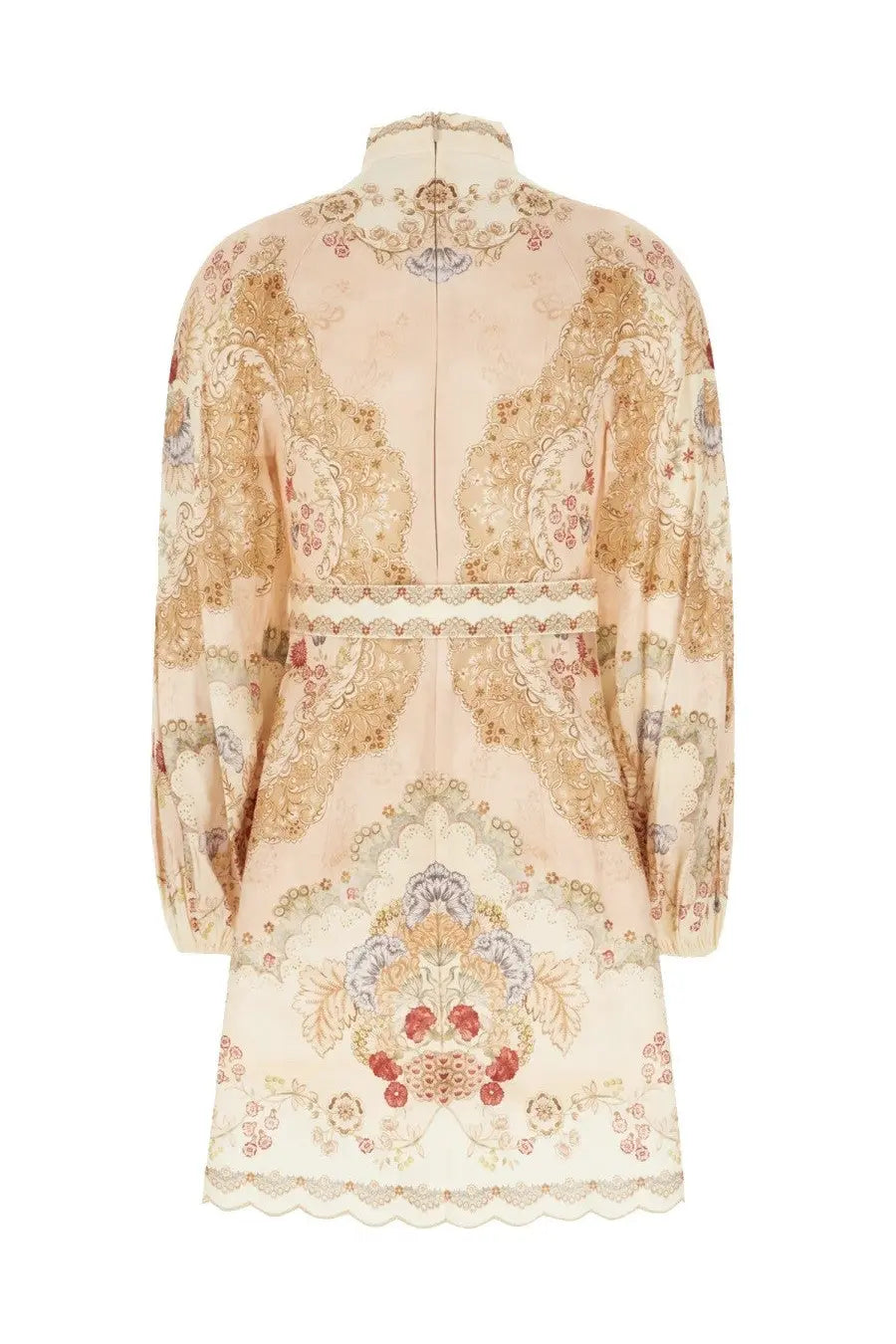 Zimmermann women’s daylight multicolor cream mini dress with gold floral embroidery on the back and scalloped hem