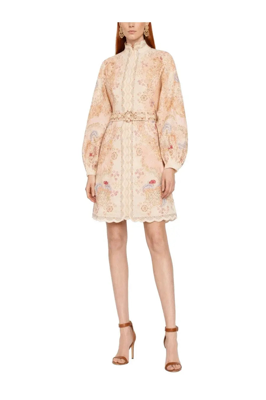 Zimmermann women’s mini dress in peach lace with floral embroidery high collar long sleeves and scalloped hem